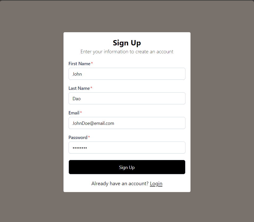 Signup Page with username and password